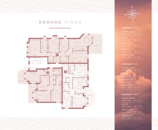 B E D 1
B E D 2
B E D 2
B E D 2
B E D 3 K I T C H E N / D I N I N G
K I T C H E N /
D I N I N G
K I T C H E N /
D I N I N G
L O U N G E
L O U N G E
L O U N G E
1
3 2
L I F T
D R E S S I N G
T E R R A C E
T E R R A C E
T E R R A C E
B E D 1
B E D 1
T E R R A C E
G R O U N D F l o o R
APARTMENT ONE
KITCHEN / DINING
7.41m x 5.11m 24'4" x 16'9"
LOUNGE
7.67m x 6.06m 25'2" x 19'11"
BEDROOM ONE
5.62m x 3.98m 18'5" x 13'1"
BEDROOM TWO
4.31m x 3.58m 14'2" x 11'9"
BEDROOM THREE
4.31m x 2.88m 14'2" x 9'5"
APARTMENT TWO
KITCHEN / DINING
5.09m x 4.75m 16'8" x 15'7"
LOUNGE
4.86m x 4.48m 15'11" x 14'8"
BEDROOM ONE
4.75m x 4.45m 15'7" x 14'7"
BEDROOM TWO
5.22m x 2.98m 17'2" x 9'9"
APARTMENT THREE
KITCHEN / DINING
6.08m x 4.35m 19'11" x 14'3"
LOUNGE
5.69m x 3.66m 18'8" x 12'0"
BEDROOM ONE
5.41m x 3.42m 17'9" x 11'3"
BEDROOM TWO
4.62m x 3.80m 15'2" x 12'6"
N
S
W
E
N
S
W
 