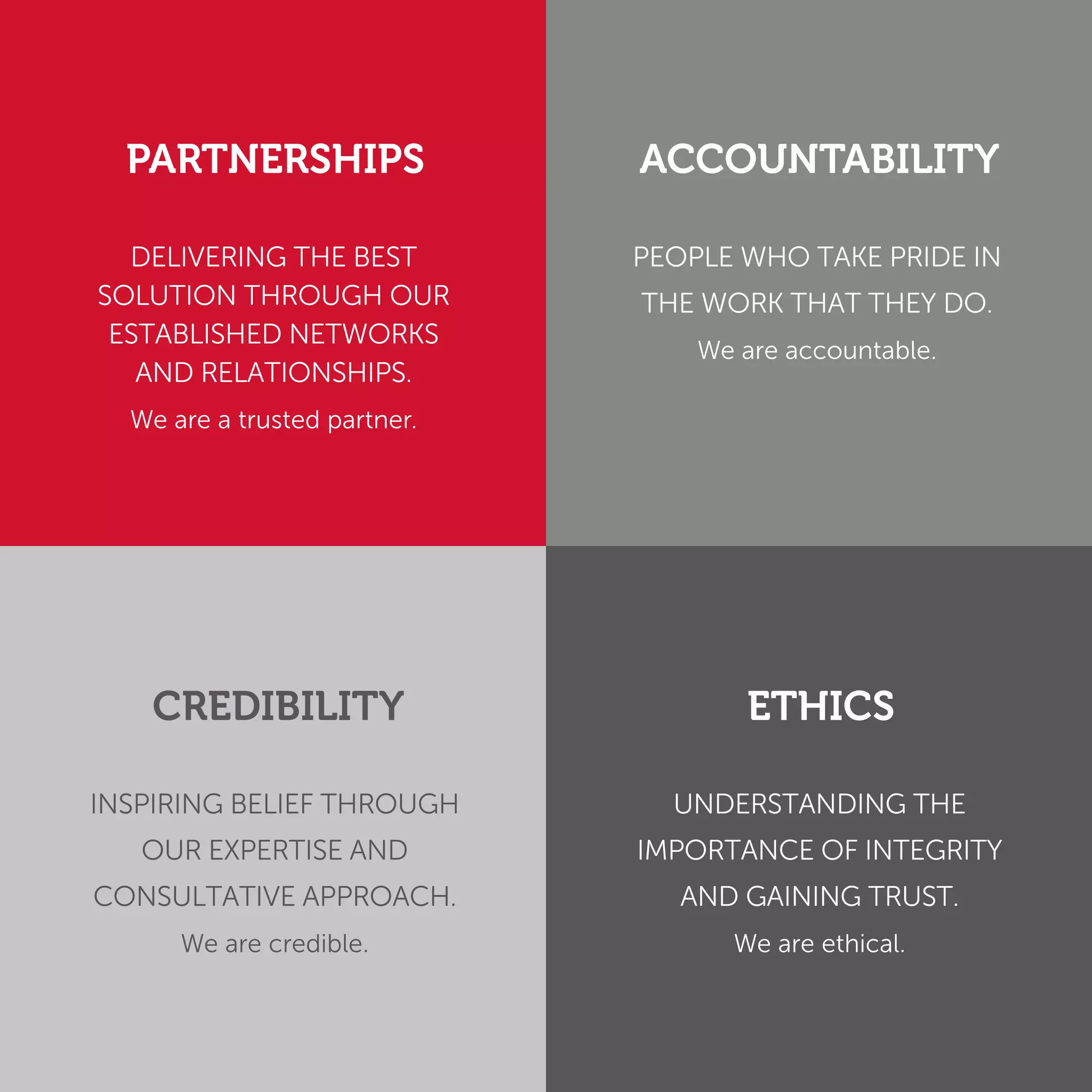 CREDIBILITY
INSPIRING BELIEF THROUGH
OUR EXPERTISE AND
CONSULTATIVE APPROACH.
We are credible.
PARTNERSHIPS
DELIVERING THE BEST
SOLUTION THROUGH OUR
ESTABLISHED NETWORKS
AND RELATIONSHIPS.
We are a trusted partner.
ETHICS
UNDERSTANDING THE
IMPORTANCE OF INTEGRITY
AND GAINING TRUST.
We are ethical.
ACCOUNTABILITY
PEOPLE WHO TAKE PRIDE IN
THE WORK THAT THEY DO.
We are accountable.
 