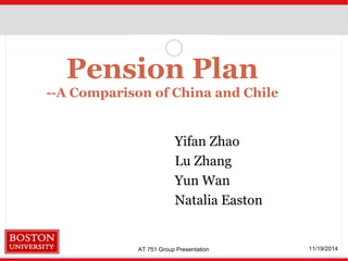 AT 751 Group Presentation 11/19/2014
Pension Plan
--A Comparison of China and Chile
Yifan Zhao
Lu Zhang
Yun Wan
Natalia Easton
 