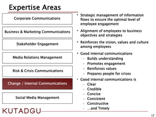 17
Corporate Communications
Media Relations Management
Expertise Areas
Risk & Crisis Communications
Business & Marketing Communications
Change / Internal Communications
Stakeholder Engagement
• Strategic management of information
flows to ensure the optimal level of
employee engagement
• Alignment of employees to business
objectives and strategies
• Reinforces the vision, values and culture
among employees
• Good internal communications
− Builds understanding
− Promotes engagement
− Reinforces values
− Prepares people for crises
• Good internal communications is
− Clear
− Credible
− Concise
− Consistent
− Constructive
− …and Timely
Social Media Management
 