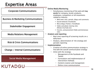 18
Corporate Communications
Media Relations Management
Expertise Areas
Risk & Crisis Communications
Business & Marketing Communications
Change / Internal Communications
Stakeholder Engagement
Social Media Management
• Online Media Monitoring
− Simultaneous monitoring of the web with key
words for company, brand, products,
employees, competitors or all movements
related to industry
 Web news sites, portals, blogs and comments
 Social networks (Facebook)
 Micro blogs (Twitter, Friendfeed)
 Video and photo sharing sites
(Flicker,YouTube vb.)
 Forums, announcement fields and dictionary
sites
• Analysis and reporting
− Real-time reporting of screening results on a
daily basis
− Analysis, determination of the strategy and
periodic reporting
• Implementation
− Creation of online communication strategy in
line with the overall communication strategy
− Inline with the strategy:
− Management of the Facebook and
Twitter
− Formulation and implementation of
intervention methods
− Content creation and management
− Online crises communication
 