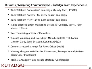• Türk Telekom “innovation” campaign (Family Card, TTSMS)
• Türk Telekom “internet for every house” campaign
• Türk Telekom “New Tariffs Cem Yılmaz” campaign
• “Sales oriented direct marketing activities” Colgate, Vestel, Paro,
Monarch Court
• “Merchandising activites” Palmolive
• “Launch planning and execution” Mitsubishi Colt, TEB Bonus
İzmirim Card, Sony Ericsson, Koç.net ADSL2+
• Guinness record attempt for Patos Critos (Kraft)
• Mystery shopper activities for Pharmaton, Tomapyrin and Antistax
(Boehringer Ingelheim)
• TEB SME Academy and Future Strategy Conferences
25
Business / Marketing Communication – Kutadgu Team Experience -1
 