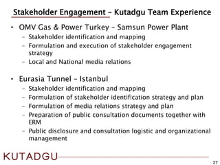 • OMV Gas & Power Turkey – Samsun Power Plant
- Stakeholder identification and mapping
- Formulation and execution of stakeholder engagement
strategy
- Local and National media relations
• Eurasia Tunnel – Istanbul
- Stakeholder identification and mapping
- Formulation of stakeholder identification strategy and plan
- Formulation of media relations strategy and plan
- Preparation of public consultation documents together with
ERM
- Public disclosure and consultation logistic and organizational
management
27
Stakeholder Engagement – Kutadgu Team Experience
 
