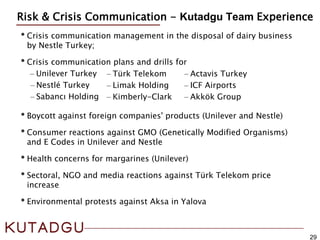 29
Risk & Crisis Communication - Kutadgu Team Experience
• Crisis communication management in the disposal of dairy business
by Nestle Turkey;
• Crisis communication plans and drills for
− Unilever Turkey
− Nestlé Turkey
− Sabancı Holding
• Boycott against foreign companies' products (Unilever and Nestle)
• Consumer reactions against GMO (Genetically Modified Organisms)
and E Codes in Unilever and Nestle
• Health concerns for margarines (Unilever)
• Sectoral, NGO and media reactions against Türk Telekom price
increase
• Environmental protests against Aksa in Yalova
− Türk Telekom
− Limak Holding
− Kimberly-Clark
− Actavis Turkey
− ICF Airports
− Akkök Group
 