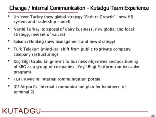 30
Change / Internal Communication – Kutadgu Team Experience
• Unilever Turkey (new global strategy “Path to Growth” ; new HR
system and leadership model)
• Nestlé Turkey (disposal of dairy business, new global and local
strategy, new set of values)
• Sabancı Holding (new management and new strategy)
• Türk Telekom (mind-set shift from public to private company;
company restructuring)
• Koç Bilgi Grubu (alignment to business objectives and positioning
of KBG as a group of companies ; Yeşil Bilgi Platformu ambassador
program)
• TEB (“Kıvılcım” internal communication portal)
• ICF Airport’s (Internal communication plan for handover of
terminal 2)
 