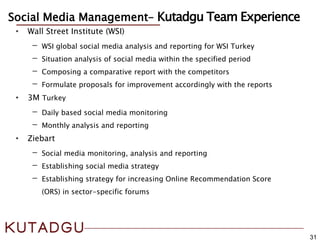 31
Social Media Management– Kutadgu Team Experience
• Wall Street Institute (WSI)
- WSI global social media analysis and reporting for WSI Turkey
- Situation analysis of social media within the specified period
- Composing a comparative report with the competitors
- Formulate proposals for improvement accordingly with the reports
• 3M Turkey
- Daily based social media monitoring
- Monthly analysis and reporting
• Ziebart
- Social media monitoring, analysis and reporting
- Establishing social media strategy
- Establishing strategy for increasing Online Recommendation Score
(ORS) in sector-specific forums
 