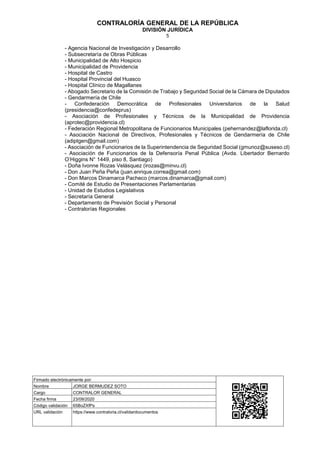 CONTRALORÍA GENERAL DE LA REPÚBLICA
DIVISIÓN JURÍDICA
5
- Agencia Nacional de Investigación y Desarrollo
- Subsecretaría de Obras Públicas
- Municipalidad de Alto Hospicio
- Municipalidad de Providencia
- Hospital de Castro
- Hospital Provincial del Huasco
- Hospital Clínico de Magallanes
- Abogado Secretario de la Comisión de Trabajo y Seguridad Social de la Cámara de Diputados
- Gendarmería de Chile
- Confederación Democrática de Profesionales Universitarios de la Salud
(presidencia@confedeprus)
- Asociación de Profesionales y Técnicos de la Municipalidad de Providencia
(aprotec@providencia.cl)
- Federación Regional Metropolitana de Funcionarios Municipales (pehernandez@laflorida.cl)
- Asociación Nacional de Directivos, Profesionales y Técnicos de Gendarmería de Chile
(adiptgen@gmail.com)
- Asociación de Funcionarios de la Superintendencia de Seguridad Social (gmunoz@suseso.cl)
- Asociación de Funcionarios de la Defensoría Penal Pública (Avda. Libertador Bernardo
O’Higgins N° 1449, piso 8, Santiago)
- Doña Ivonne Rozas Velásquez (irozas@minvu.cl)
- Don Juan Peña Peña (juan.enrique.correa@gmail.com)
- Don Marcos Dinamarca Pacheco (marcos.dinamarca@gmail.com)
- Comité de Estudio de Presentaciones Parlamentarias
- Unidad de Estudios Legislativos
- Secretaría General
- Departamento de Previsión Social y Personal
- Contralorías Regionales
Firmado electrónicamente por:
Nombre JORGE BERMUDEZ SOTO
Cargo CONTRALOR GENERAL
Fecha firma 23/09/2020
Código validación 65BoZXfPs
URL validación https://www.contraloria.cl/validardocumentos
 