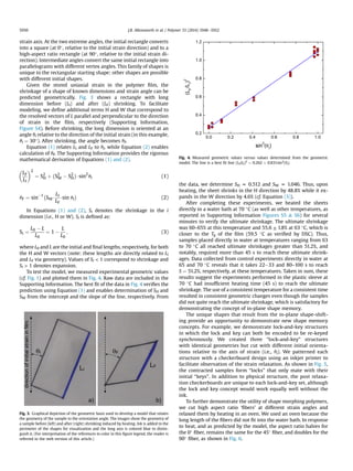 strain axis. At the two extreme angles, the initial rectangle converts
into a square (at 0, relative to the initial strain direction) and to a
high-aspect ratio rectangle (at 90, relative to the initial strain di-
rection). Intermediate angles convert the same initial rectangle into
parallelograms with different vertex angles. This family of shapes is
unique to the rectangular starting shape; other shapes are possible
with different initial shapes.
Given the stored uniaxial strain in the polymer ﬁlm, the
shrinkage of a shape of known dimensions and strain angle can be
predicted geometrically. Fig. 3 shows a rectangle with long
dimension before (LI) and after (LF) shrinking. To facilitate
modeling, we deﬁne additional terms H and W that correspond to
the resolved vectors of L parallel and perpendicular to the direction
of strain in the ﬁlm, respectively (Supporting Information,
Figure S4). Before shrinking, the long dimension is oriented at an
angle qI relative to the direction of the initial strain (in this example,
qI ¼ 30). After shrinking, the angle becomes qF.
Equation (1) relates LI and LF to qI, while Equation (2) enables
calculation of qF. The Supporting Information provides the rigorous
mathematical derivation of Equations (1) and (2).

LF
LI
2
¼ S2
H þ
À
S2
W À S2
H
Á
$sin2
qI (1)
qF ¼ sinÀ1À
SW$
LI
LF
$sin qI
Á
(2)
In Equations (1) and (2), Si denotes the shrinkage in the i
dimension (i.e., H or W). Si is deﬁned as:
Si ¼
L0 À L
L0
¼ 1 À
L
L0
; (3)
where L0 and L are the initial and ﬁnal lengths, respectively, for both
the H and W vectors (note: these lengths are directly related to LI
and LF via geometry). Values of Si  1 correspond to shrinkage and
Si  1 denotes expansion.
To test the model, we measured experimental geometric values
(cf. Fig. 1) and plotted them in Fig. 4. Raw data are included in the
Supporting Information. The best ﬁt of the data in Fig. 4 veriﬁes the
prediction using Equation (1) and enables determination of SH and
SW from the intercept and the slope of the line, respectively. From
the data, we determine SH z 0.512 and SW z 1.046. Thus, upon
heating, the sheet shrinks in the H direction by 48.8% while it ex-
pands in the W direction by 4.6% (cf. Equation (3)).
After completing these experiments, we heated the sheets
directly in a water bath at 70 C (as well as other temperatures, as
reported in Supporting Information Figures S5  S6) for several
minutes to verify the ultimate shrinkage. The ultimate shrinkage
was 60~65% at this temperature and 55.6 ± 1.8% at 63 C, which is
closer to the Tg of the ﬁlm (59.5 C as veriﬁed by DSC). Thus,
samples placed directly in water at temperatures ranging from 63
to 70 C all reached ultimate shrinkages greater than 51.2%, and
notably, required more than 45 s to reach these ultimate shrink-
ages. Data collected from control experiments directly in water at
65 and 70 C reveals that it takes 22e33 and 80~100 s to reach
S ¼ 51.2%, respectively, at these temperatures. Taken in sum, these
results suggest the experiments performed in the plastic sleeve at
70 C had insufﬁcient heating time (45 s) to reach the ultimate
shrinkage. The use of a consistent temperature for a consistent time
resulted in consistent geometric changes even though the samples
did not quite reach the ultimate shrinkage, which is satisfactory for
demonstrating the concept of in-plane shape memory.
The unique shapes that result from the in-plane shape-shift-
ing provide an opportunity to demonstrate new shape memory
concepts. For example, we demonstrate lock-and-key structures
in which the lock and key can both be encoded to be re-keyed
synchronously. We created three “lock-and-key” structures
with identical geometries but cut with different initial orienta-
tions relative to the axis of strain (i.e., qI). We patterned each
structure with a checkerboard design using an inkjet printer to
facilitate observation of the strain relaxation. As shown in Fig. 5,
the contracted samples form “locks” that only mate with their
initial “keys”. In addition to physical structure, the post relaxa-
tion checkerboards are unique to each lock-and-key set, although
the lock and key concept would work equally well without the
ink.
To further demonstrate the utility of shape morphing polymers,
we cut high aspect ratio ‘ﬁbers’ at different strain angles and
relaxed them by heating in an oven. We used an oven because the
long length of the ﬁbers did not ﬁt into the water bath. In response
to heat, and as predicted by the model, the aspect ratio halves for
the 0 ﬁber, remains the same for the 45 ﬁber, and doubles for the
90 ﬁber, as shown in Fig. 6.
Fig. 3. Graphical depiction of the geometric basis used to develop a model that relates
the geometry of the sample to the orientation angle. The images show the geometry of
a sample before (left) and after (right) shrinking induced by heating. Ink is added to the
perimeter of the shapes for visualization and the long axis is colored blue to distin-
guish it. (For interpretation of the references to color in this ﬁgure legend, the reader is
referred to the web version of this article.)
Fig. 4. Measured geometric values versus values determined from the geometric
model. The line is a best ﬁt line (LF/LI)2
¼ 0.262 þ 0.831sin2
(qI).
J.R. Allensworth et al. / Polymer 55 (2014) 5948e59525950
 