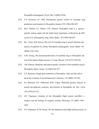 93
Drosophila melanogaster, PLoS. One 3 (2008) e3246.
[10] C.P. Kyriacou, J.C. Hall, Interspecific genetic control of courtship song
production and reception in Drosophila, Science 232 (1986) 494-497.
[11] M.G. Ritchie, E.J. Halsey, J.M. Gleason, Drosophila song as a species-
specific mating signal and the behavioural importance of Kyriacou & Hall
cycles in D. melanogaster song, Anim. Behav. 58 (1999) 649-657.
[12] B.C. Talyn, H.B. Dowse, The role of courtship song in sexual selection and
species recognition by female Drosophila melanogaster, Anim. Behav. 68
(2004) 1165-1180.
[13] A.W. Ewing, The neuromuscular basis of courtship song in Drosophila: the
role of the indirect flight muscles, J. Comp. Physiol. 119 (1977) 249-265.
[14] J.M. Gleason, Mutations and natural genetic variation in the courtship song of
Drosophila, Behav. Genet. 35 (2005) 265-277.
[15] C.P. Kyriacou, Single gene mutations in Drosophila: what can they tell us
about the evolution of sexual behaviour?, Genetica. 116 (2002) 197-203.
[16] S.I. Bernstein, P.T. O'Donnell, R.M. Cripps, Molecular genetic analysis of
muscle development, structure, and function in Drosophila, Int. Rev. Cytol.
143 (1993) 63-152.
[17] J.O. Vigoreaux, Genetics of the Drosophila flight muscle myofibril: a
window into the biology of complex systems, Bioessays, 23 (2001) 1047-
1063.
[18] J.O. Vigoreaux, D. M. Swank, The development of the flight and leg muscle, in:
 