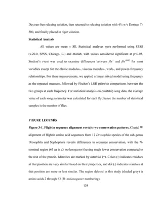 138
Dextran-free relaxing solution, then returned to relaxing solution with 4% w/v Dextran T-
500, and finally placed in rigor solution.
Statistical Analysis
All values are mean ± SE. Statistical analyses were performed using SPSS
(v.20.0, SPSS, Chicago, IL) and Matlab, with values considered significant at p<0.05.
Student’s t-test was used to examine differences between fln+
and flnN62
for most
variables except for the elastic modulus-, viscous modulus-, work-, and power-frequency
relationships. For these measurements, we applied a linear mixed model using frequency
as the repeated measure, followed by Fischer’s LSD pairwise comparisons between the
two groups at each frequency. For statistical analysis on courtship song data, the average
value of each song parameter was calculated for each fly; hence the number of statistical
samples is the number of flies.
FIGURE LEGENDS
Figure 3-1. Flightin sequence alignment reveals two conservation patterns. Clustal W
alignment of flightin amino acid sequences from 12 Drosophila species of the sub-genus
Drosophila and Sophophora reveals differences in sequence conservation, with the N-
terminal region (63 aa in D. melanogaster) having much lower conservation compared to
the rest of the protein. Identities are marked by asterisks (*). Colon (:) indicates residues
at that position are very similar based on their properties, and dot (.) indicates residues at
that position are more or less similar. The region deleted in this study (shaded grey) is
amino acids 2 through 63 (D. melanogaster numbering).
 
