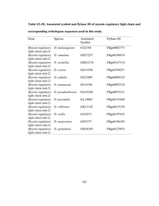 182
Table S3-1B. Annotated symbol and flybase ID of myosin regulatory light chain and
corresponding orthologous sequences used in this study.
Gene Species Annotated
Symbol
Flybase ID
Myosin regulatory
light chain (mlc2)
D. melanogaster CG2184 FBgn0002773
Myosin regulatory
light chain (mlc2)
D. simulans GD17257 FBgn0188819
Myosin regulatory
light chain (mlc2)
D. sechellia GM12174 FBgn0167114
Myosin regulatory
light chain (mlc2)
D. erecta GG11956 FBgn0104251
Myosin regulatory
light chain (mlc2)
D. yakuba GE23405 FBgn0068125
Myosin regulatory
light chain (mlc2)
D. ananassae GF16196 FBgn0093218
Myosin regulatory
light chain (mlc2)
D. pseudoobscura GA15288 FBgn0075311
Myosin regulatory
light chain (mlc2)
D. persimilis GL14063 FBgn0151668
Myosin regulatory
light chain (mlc2)
D. willistoni GK13145 FBgn0215154
Myosin regulatory
light chain (mlc2)
D. virilis GJ10371 FBgn0197655
Myosin regulatory
light chain (mlc2)
D. mojavensis GI23377 FBgn0146103
Myosin regulatory
light chain (mlc2)
D. grimshawi GH18385 FBgn0125853
 