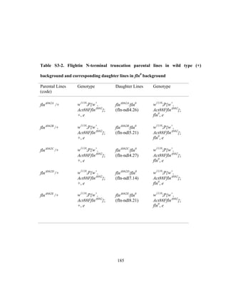 185
Table S3-2. Flightin N-terminal truncation parental lines in wild type (+)
background and corresponding daughter lines in fln0
background
Parental Lines
(code)
Genotype Daughter Lines Genotype
flnN62A
/+ w1118
;P{w+
,
Act88FflnN62
};
+, e
flnN62A
/fln0
(fln-ndl4.26)
w1118
;P{w+
,
Act88FflnN62
};
fln0
, e
flnN62B
/+ w1118
;P{w+
,
Act88FflnN62
};
+, e
flnN62B
/fln0
(fln-ndl5.21)
w1118
;P{w+
,
Act88FflnN62
};
fln0
, e
flnN62C
/+ w1118
;P{w+
,
Act88FflnN62
};
+, e
flnN62C
/fln0
(fln-ndl4.27)
w1118
;P{w+
,
Act88FflnN62
};
fln0
, e
flnN62D
/+ w1118
;P{w+
,
Act88FflnN62
};
+, e
flnN62D
/fln0
(fln-ndl7.14)
w1118
;P{w+
,
Act88FflnN62
};
fln0
, e
flnN62E
/+ w1118
;P{w+
,
Act88FflnN62
};
+, e
flnN62E
/fln0
(fln-ndl8.21)
w1118
;P{w+
,
Act88FflnN62
};
fln0
, e
 