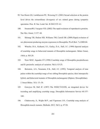 201
99. Van Doorn GS, Luttikhuizen PC, Weissing FJ. (2001) Sexual selection at the protein
level drives the extraordinary divergence of sex related genes during sympatric
speciation. Proc. R. Soc. Lond. Ser. B 268:2155–61.
100. SwansonWJ, Vacquier VD. (2002) The rapid evolution of reproductive proteins.
Nat. Rev. Genet. 3:137–44.
101. Shirangi TR, Dufour HD, Williams TM, Carroll SB. (2009) Rapid evolution of
sex pheromone-producing enzyme expression in Drosophila. PLoS Biol. 7:e1000168.
102. Wheeler, D.A., Kulkarni, S.J., Gailey, D.A., Hall, J.C. (1989) Spectral analysis
of courtship songs in behavioral mutants of Drosophila melanogaster. Behav Genet,
19(4): p. 503-28.
103. Noor MAF, Aquadro CF (1998) Courtship songs of Drosophila pseudoobscura
and D. persimilis: analysis of variation. 56(1):115-25.
104. Bernstein, A.S., Neumann, E.K., Hall, J.C. (1992). Temporal analysis of tone
pulses within the courtship songs of two sibling Drosophila species, their interspecific
hybrid, and behavioral mutants of Drosophila melanogaster (Diptera: Drosophilidae).
J. Insect Behav. 5(1): 15--36.
105. Gorczyca M, Hall JC (1987) The INSECTAVOX, an integrated device for
recording and amplifying courtship songs, Drosophila Information Service 66:157-
160.
106. Chakravorty, S., Wajda M.P., and Vigoreaux J.O., Courtship song analysis of
Drosophila muscle mutants. Methods, 2012. 56(1): p. 87-94.
 