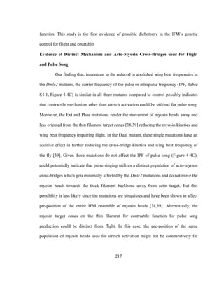 217
function. This study is the first evidence of possible dichotomy in the IFM’s genetic
control for flight and courtship.
Evidence of Distinct Mechanism and Acto-Myosin Cross-Bridges used for Flight
and Pulse Song
Our finding that, in contrast to the reduced or abolished wing beat frequencies in
the Dmlc2 mutants, the carrier frequency of the pulse or intrapulse frequency (IPF, Table
S4-1, Figure 4-4C) is similar in all three mutants compared to control possibly indicates
that contractile mechanism other than stretch activation could be utilized for pulse song.
Moreover, the Ext and Phos mutations render the movement of myosin heads away and
less oriented from the thin filament target zones [38,39] reducing the myosin kinetics and
wing beat frequency impairing flight. In the Dual mutant, these single mutations have an
additive effect in further reducing the cross-bridge kinetics and wing beat frequency of
the fly [39]. Given these mutations do not affect the IPF of pulse song (Figure 4-4C),
could potentially indicate that pulse singing utilizes a distinct population of acto-myosin
cross-bridges which gets minimally affected by the Dmlc2 mutations and do not move the
myosin heads towards the thick filament backbone away from actin target. But this
possibility is less likely since the mutations are ubiquitoes and have been shown to affect
pre-position of the entire IFM ensemble of myosin heads [38,39]. Alternatively, the
myosin target zones on the thin filament for contractile function for pulse song
production could be distinct from flight. In this case, the pre-position of the same
population of myosin heads used for stretch activation might not be comparatively far
 