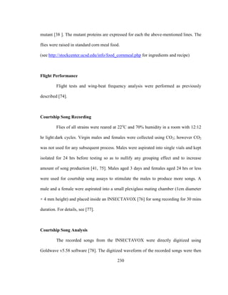 230
mutant [38 ]. The mutant proteins are expressed for each the above-mentioned lines. The
flies were raised in standard corn meal food.
(see http://stockcenter.ucsd.edu/info/food_cornmeal.php for ingredients and recipe)
Flight Performance
Flight tests and wing-beat frequency analysis were performed as previously
described [74].
Courtship Song Recording
Flies of all strains were reared at 22o
C and 70% humidity in a room with 12:12
hr light:dark cycles. Virgin males and females were collected using CO2; however CO2
was not used for any subsequent process. Males were aspirated into single vials and kept
isolated for 24 hrs before testing so as to nullify any grouping effect and to increase
amount of song production [41, 75]. Males aged 3 days and females aged 24 hrs or less
were used for courtship song assays to stimulate the males to produce more songs. A
male and a female were aspirated into a small plexiglass mating chamber (1cm diameter
× 4 mm height) and placed inside an INSECTAVOX [76] for song recording for 30 mins
duration. For details, see [77].
Courtship Song Analysis
The recorded songs from the INSECTAVOX were directly digitized using
Goldwave v5.58 software [78]. The digitized waveform of the recorded songs were then
 