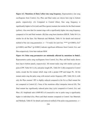 234
Figure 4-3. Mutations of Dmlc2 affect sine song frequency. Representative sine song
oscillograms from Control, Ext, Phos and Dual males are shown here (top to bottom
panels, respectively). (A) Compared to Control (blue), Sine song frequency is
significantly higher in Ext (red) and Phos (green) mutants but similar for the Dual mutant
(yellow). Also note that Ext mutant sings with a significantly higher sine song frequency
compared to Ext and Dual mutants. (B) Sine song burst duration (SDUR, Table S4-1) is
similar for all the lines. See Materials and Methods, Table S1 for details and retrieval
method of the sine song parameters. n = 7-8 males for each line. **** (p<0.0001), Ext
(p<0.0001) and Phos
(p<0.0001) indicate significant difference from Control, Ext, and
Phos respectively. Error bars indicate SEM.
Figure 4-4. Pulse song parameters are minimally affected by mutations in Dmlc2.
Representative pulse song oscillograms from Control, Ext, Phos and Dual males shown
here (top to bottom panels, respectively). All mutant males sing with similar cycles per
pulse (CPP, Table S4-1) (A), and pulse length (PL, Table S4-1) (B) compared to Control
males, except the Ext mutant which sings with a greater CPP and longer PL. All the
mutant males sing the pulse song with normal carrier frequency (IPF, Table S4-1), with
only the Phos mutants’ IPF is slightly reduced compared to the Ext or Dual mutant but
not compared to Control (C). None of the mutations affect interpulse interval (D). The
Dual mutant has significantly reduced pulse duty cycle compared to Control, Ext, and
Phos. (F) Amplitude ratio (AMP-RT) of consecutive sine to pulse song is significantly
higher in individual (Ext, Phos) and Dual mutants compared to Control. See Materials
and Methods, Table S1 for details and retrieval method of the pulse song parameters. n =
 