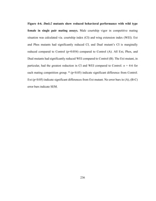 236
Figure 4-6. Dmlc2 mutants show reduced behavioral performance with wild type
female in single pair mating assays. Male courtship vigor in competitive mating
situation was calculated via. courtship index (CI) and wing extension index (WEI). Ext
and Phos mutants had significantly reduced CI, and Dual mutant’s CI is marginally
reduced compared to Control (p=0.054) compared to Control (A). All Ext, Phos, and
Dual mutants had significantly reduced WEI compared to Control (B). The Ext mutant, in
particular, had the greatest reduction in CI and WEI compared to Control. n = 4-6 for
each mating competition group. * (p<0.05) indicate significant difference from Control.
Ext (p<0.05) indicate significant differences from Ext mutant. No error bars in (A), (B-C)
error bars indicate SEM.
 