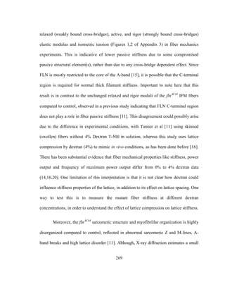 269
relaxed (weakly bound cross-bridges), active, and rigor (strongly bound cross-bridges)
elastic modulus and isometric tension (Figures 1,2 of Appendix 3) in fiber mechanics
experiments. This is indicative of lower passive stiffness due to some compromised
passive structural element(s), rather than due to any cross-bridge dependent effect. Since
FLN is mostly restricted to the core of the A-band [15], it is possible that the C-terminal
region is required for normal thick filament stiffness. Important to note here that this
result is in contrast to the unchanged relaxed and rigor moduli of the flnC44
IFM fibers
compared to control, observed in a previous study indicating that FLN C-terminal region
does not play a role in fiber passive stiffness [11]. This disagreement could possibly arise
due to the difference in experimental conditions, with Tanner et al [11] using skinned
(swollen) fibers without 4% Dextran T-500 in solution, whereas this study uses lattice
compression by dextran (4%) to mimic in vivo conditions, as has been done before [16].
There has been substantial evidence that fiber mechanical properties like stiffness, power
output and frequency of maximum power output differ from 0% to 4% dextran data
(14,16,20). One limitation of this interpretation is that it is not clear how dextran could
influence stiffness properties of the lattice, in addition to its effect on lattice spacing. One
way to test this is to measure the mutant fiber stiffness at different dextran
concentrations, in order to understand the effect of lattice compression on lattice stiffness.
Moreover, the flnC44
sarcomeric structure and myofibrillar organization is highly
disorganized compared to control, reflected in abnormal sarcomeric Z and M-lines, A-
band breaks and high lattice disorder [11]. Although, X-ray diffraction estimates a small
 