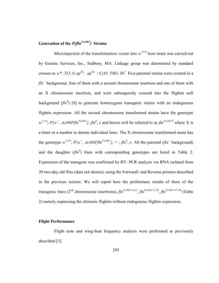 295
Generation of the P{flnVir
} Strains
Microinjection of the transformation vector into w1118
host strain was carried out
by Genetic Services, Inc., Sudbury, MA. Linkage group was determined by standard
crosses to w*; T(2;3) apXa
, apXa
/ CyO; TM3, Sb1
. Five parental strains were created in a
fln+
background, four of them with a second chromosome insertion and one of them with
an X chromosome insertion, and were subsequently crossed into the flightin null
background (fln0
) [8] to generate homozygous transgenic strains with no endogenous
flightin expression. All the second chromosome transformed strains have the genotype
w1118
; P{w+
, Act88FflnVirN67
}; fln0
, e and herein will be referred to as flnVirN67X
where X is
a letter or a number to denote individual lines. The X chromosome transformed strain has
the genotype w1118
, P{w+
, Act88FflnVirN67
}; + ; fln0
, e. All the parental (fln+
background)
and the daughter (fln0
) lines with corresponding genotypes are listed in Table 2.
Expression of the transgene was confirmed by RT- PCR analysis via RNA isolated from
30 two-day old flies (data not shown), using the Forward1 and Reverse primers described
in the previous section. We will report here the preliminary results of three of the
transgenic lines (2nd
chromosome insertions), flnVirN67:4.41
, flnVirN67:5.26
, flnVirN67:47.30
(Table
2) namely expressing the chimeric flightin without endogenous flightin expression.
Flight Performance
Flight tests and wing-beat frequency analysis were performed as previously
described [3].
 