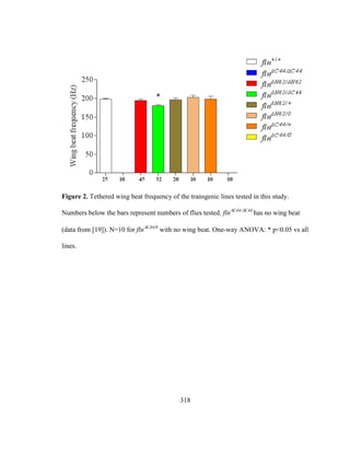 318
Figure 2. Tethered wing beat frequency of the transgenic lines tested in this study.
Numbers below the bars represent numbers of flies tested. flnC44C44
has no wing beat
(data from [19]). N=10 for flnC44/0
with no wing beat. One-way ANOVA: * p<0.05 vs all
lines.
 