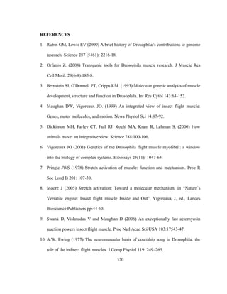 320
REFERENCES
1. Rubin GM, Lewis EV (2000) A brief history of Drosophila’s contributions to genome
research. Science 287 (5461): 2216-18.
2. Orfanos Z. (2008) Transgenic tools for Drosophila muscle research. J Muscle Res
Cell Motil. 29(6-8):185-8.
3. Bernstein SI, O'Donnell PT, Cripps RM. (1993) Molecular genetic analysis of muscle
development, structure and function in Drosophila. Int Rev Cytol 143:63-152.
4. Maughan DW, Vigoreaux JO. (1999) An integrated view of insect flight muscle:
Genes, motor molecules, and motion. News Physiol Sci 14:87-92.
5. Dickinson MH, Farley CT, Full RJ, Koehl MA, Kram R, Lehman S. (2000) How
animals move: an integrative view. Science 288:100-106.
6. Vigoreaux JO (2001) Genetics of the Drosophila flight muscle myofibril: a window
into the biology of complex systems. Bioessays 23(11): 1047-63.
7. Pringle JWS (1978) Stretch activation of muscle: function and mechanism. Proc R
Soc Lond B 201: 107-30.
8. Moore J (2005) Stretch activation: Toward a molecular mechanism. in “Nature’s
Versatile engine: Insect flight muscle Inside and Out”, Vigoreaux J, ed., Landes
Bioscience Publishers pp:44-60.
9. Swank D, Vishnudas V and Maughan D (2006) An exceptionally fast actomyosin
reaction powers insect flight muscle. Proc Natl Acad Sci USA 103:17543-47.
10. A.W. Ewing (1977) The neuromuscular basis of courtship song in Drosophila: the
role of the indirect flight muscles. J Comp Physiol 119: 249–265.
 