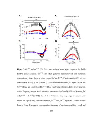 327
Figure 3. flnΔN62
and flnΔC44
IFM fibers have reduced work power output at 0% T-500
Dextran active solutions. flnΔC44
IFM fibers generate maximum work and maximum
power at much lower frequency than control fln+
or flnΔN62
. Elastic modulus (A), viscous
modulus (B), work (C), and power (D) for active IFM fibers from fln+
(open circles) and
flnΔN62
(filled red squares), and flnΔC44
(filled blue triangles) strains. Lines below asterisks
denote frequency ranges where measured values are significantly different between fln+
and flnΔN62
or flnΔC44
(p<0.05). Lines below “” denote frequency ranges where measured
values are significantly different between flnN62
and flnΔC44
(p<0.05). Vertical dashed
lines in C and D represent corresponding frequency of maximum oscillatory work and
 