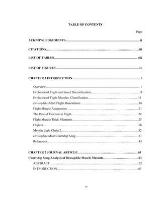 iv
TABLE OF CONTENTS
Page
ACKNOWLEDGEMENTS ............................................................................................. ii
CITATIONS……………………………………………………………………………..iii
LIST OF TABLES.........................................................................................................viii
LIST OF FIGURES......................................................................................................... ix
CHAPTER 1 INTRODUCTION..................................................................................... 1
Overview....................................................................................................................... 1
Evolution of Flight and Insect Diversification………………………………………...9
Evolution of Flight Muscles: Classification…………………………………………11
Drosophila Adult Flight Musculature………………………………………………..16
Flight Muscle Adaptations…………………………………………………………...21
The Role of Calcium in Flight……………………………………………………….24
Flight Muscle Thick Filaments……………………………………………………....25
Flightin……………………………………………………………………………….26
Myosin Light Chain 2………………………………………………………………..32
Drosophila Male Courtship Song……………………………………………………37
References……………………………………………………………………………45
CHAPTER 2 JOURNAL ARTICLE………………………………………………….61
Courtship Song Analysis of Drosophila Muscle Mutants…………………………….61
ABSTRACT………………………………………………………………………….62
INTRODUCTION…………………………………………………………………...63
 