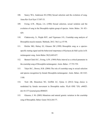 58
108. Searcy WA, Andersson M (1986) Sexual selection and the evolution of song.
Annu Rev Ecol Syst 17:507-33.
109. Ewing A.W., Miyan, J.A. (1986) Sexual selection, sexual isolation and the
evolution of song in the Drosophila repleta group of species. Anim. Behav. 34: 421-
429.
110. Chakravorty, S., Wajda M.P., and Vigoreaux J.O., Courtship song analysis of
Drosophila muscle mutants. Methods, 2012. 56(1): p. 87-94.
111. Ritchie MG, Halsey EJ, Gleason JM (1999) Drosophila song as a species-
specific mating signal and the behavioral importance of Kyriacou & Hall cycles in D.
melanogaster song. Anim Behav 58(3):649-657.
112. Bennet-Clark H.C., Ewing, A.W. (1969) Pulse interval as a critical parameter in
the courtship song of Drosophila melanogaster. Anim. Behav. 17:755-759.
113. Talyn B.C., Dowse, H.B. (2004) The role of courtship song in sexual selection
and species recognition by female Drosophila melanogaster. Anim. Behav. 68:1165-
1180.
114. Trott AR, Doneslson NC, Griffith LC, Ejima A (2012) Song choice is
modulated by female movement in Drosophila males. PLoS ONE 7(9): e46025.
doi:10.1371/journal.pone.0046025.
115. Gleason, J. M. (2005) Mutations and natural genetic variation in the courtship
song of Drosophila. Behav Genet 35(3):265-77.
 