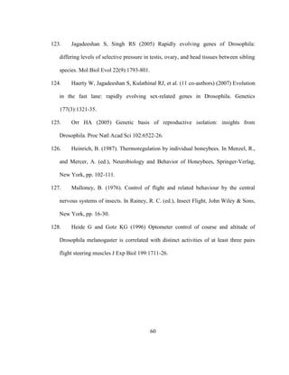 60
123. Jagadeeshan S, Singh RS (2005) Rapidly evolving genes of Drosophila:
differing levels of selective pressure in testis, ovary, and head tissues between sibling
species. Mol Biol Evol 22(9):1793-801.
124. Haerty W, Jagadeeshan S, Kulathinal RJ, et al. (11 co-authors) (2007) Evolution
in the fast lane: rapidly evolving sex-related genes in Drosophila. Genetics
177(3):1321-35.
125. Orr HA (2005) Genetic basis of reproductive isolation: insights from
Drosophila. Proc Natl Acad Sci 102:6522-26.
126. Heinrich, B. (1987). Thermoregulation by individual honeybees. In Menzel, R.,
and Mercer, A. (ed.), Neurobiology and Behavior of Honeybees, Springer-Verlag,
New York, pp. 102-111.
127. Mulloney, B. (1976). Control of flight and related behaviour by the central
nervous systems of insects. In Rainey, R. C. (ed.), Insect Flight, John Wiley & Sons,
New York, pp. 16-30.
128. Heide G and Gotz KG (1996) Optometer control of course and altitude of
Drosophila melanogaster is correlated with distinct activities of at least three pairs
flight steering muscles J Exp Biol 199:1711-26.
 
