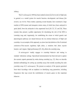 64
infancy.
The D. melanogaster IFM has been studied extensively for its role in flight and,
in general, as a model system for muscle function, development, and disease [for
reviews, see 16-21]. These studies, spanning several decades, have examined a large
number of IFM mutant and transgenic strains many of which have been analyzed in
great detail, from the molecular to the organismal level [20, 22, 23, and 24]. These
mutants thus present a golden opportunity for elucidating the role of the IFM in
courtship song and, importantly, for establishing the extent to which genetic and
physiological pathways are shared between the two distinct behaviors of flight and
courtship. As an example of this approach, we show here that deletion of the N-terminal
extension of the myosin regulatory light chain, a mutation that alters myosin
kinetics and impairs flight performance [25, 26], affects the courtship song.
D. melanogaster readily engages in courtship behavior and mating in
standard laboratory settings. Specialized instrumentation has been devised to capture
the acoustic signals generated by males during courtship [e.g. 27]. Here we describe
detailed methodology for setting up courtship assays that include recording the male
courtship song of D. melanogaster. We present an analysis of the spectra generated
from these recordings with an emphasis on identifying song parameters, including
frequencies that may reveal the contributions of muscle genes to this important
behavior.
 