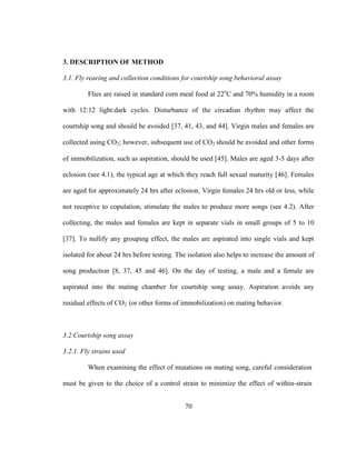 70
3. DESCRIPTION OF METHOD
3.1. Fly rearing and collection conditions for courtship song behavioral assay
Flies are raised in standard corn meal food at 22o
C and 70% humidity in a room
with 12:12 light:dark cycles. Disturbance of the circadian rhythm may affect the
courtship song and should be avoided [37, 41, 43, and 44]. Virgin males and females are
collected using CO2; however, subsequent use of CO2 should be avoided and other forms
of immobilization, such as aspiration, should be used [45]. Males are aged 3-5 days after
eclosion (see 4.1), the typical age at which they reach full sexual maturity [46]. Females
are aged for approximately 24 hrs after eclosion. Virgin females 24 hrs old or less, while
not receptive to copulation, stimulate the males to produce more songs (see 4.2). After
collecting, the males and females are kept in separate vials in small groups of 5 to 10
[37]. To nullify any grouping effect, the males are aspirated into single vials and kept
isolated for about 24 hrs before testing. The isolation also helps to increase the amount of
song production [8, 37, 45 and 46]. On the day of testing, a male and a female are
aspirated into the mating chamber for courtship song assay. Aspiration avoids any
residual effects of CO2 (or other forms of immobilization) on mating behavior.
3.2 Courtship song assay
3.2.1. Fly strains used
When examining the effect of mutations on mating song, careful consideration
must be given to the choice of a control strain to minimize the effect of within-strain
 