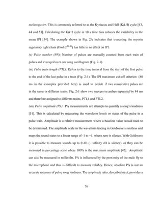 76
melanogaster. This is commonly referred to as the Kyriacou and Hall (K&H) cycle [43,
44 and 53]. Calculating the K&H cycle in 10 s time bins reduces the variability in the
mean IPI [54]. The example shown in Fig. 2A indicates that truncating the myosin
regulatory light chain (Dmlc2Δ2-46
) has little to no effect on IPI.
(v) Pulse number (PN): Number of pulses are manually counted from each train of
pulses and averaged over one song oscillogram (Fig. 2-1).
(vi) Pulse train length (PTL): Refers to the time interval from the start of the first pulse
to the end of the last pulse in a train (Fig. 2-1). The IPI maximum cut-off criterion (80
ms in the examples provided here) is used to decide if two consecutive pulses are
in the same or different trains. Fig. 2-1 show two successive pulses separated by 84 ms
and therefore assigned to different trains, PTL1 and PTL2.
(vii) Pulse amplitude (PA): PA measurements are attempts to quantify a song’s loudness
[51]. This is calculated by measuring the waveform levels or states of the pulse in a
pulse train. Amplitude is a relative measurement where a baseline value would need to
be determined. The amplitude scale in the waveform tracing in Goldwave is unitless and
maps the sound states to a linear range of -1 to +1, where zero is silence. With Goldwave
it is possible to measure sounds up to 0 dB (– infinity dB is silence), or they can be
measured in percentage scale where 100% is the maximum amplitude [42]. Amplitude
can also be measured in millivolts. PA is influenced by the proximity of the male fly to
the microphone and thus is difficult to measure reliably. Hence, absolute PA is not an
accurate measure of pulse song loudness. The amplitude ratio, described next, provides a
 