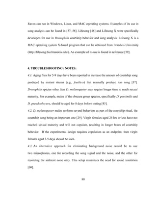 80
Raven can run in Windows, Linux, and MAC operating systems. Examples of its use in
song analysis can be found in [57, 58]. Lifesong [46] and Lifesong X were specifically
developed for use in Drosophila courtship behavior and song analysis. Lifesong X is a
MAC operating system X-based program that can be obtained from Brandeis University
(http://lifesong.bio.brandeis.edu/). An example of its use is found in reference [59].
4. TROUBLESHOOTING / NOTES:
4.1. Aging flies for 5-9 days have been reported to increase the amount of courtship song
produced by mutant strains (e.g., fruitless) that normally produce less song [37].
Drosophila species other than D. melanogaster may require longer time to reach sexual
maturity. For example, males of the obscura group species, specifically D. persimilis and
D. pseudoobscura, should be aged for 8 days before testing [45].
4.2. D. melanogaster males perform several behaviors as part of the courtship ritual, the
courtship song being an important one [29]. Virgin females aged 24 hrs or less have not
reached sexual maturity and will not copulate, resulting in longer bouts of courtship
behavior. If the experimental design requires copulation as an endpoint, then virgin
females aged 3-5 days should be used.
4.3. An alternative approach for eliminating background noise would be to use
two microphones, one for recording the song signal and the noise, and the other for
recording the ambient noise only. This setup minimizes the need for sound insulation
[60].
 