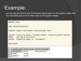 Example:
we can see the Sch-S and Sch-M locks being taken on the system tables and
the TestTable plus a lot of other locks on the system tables.
 