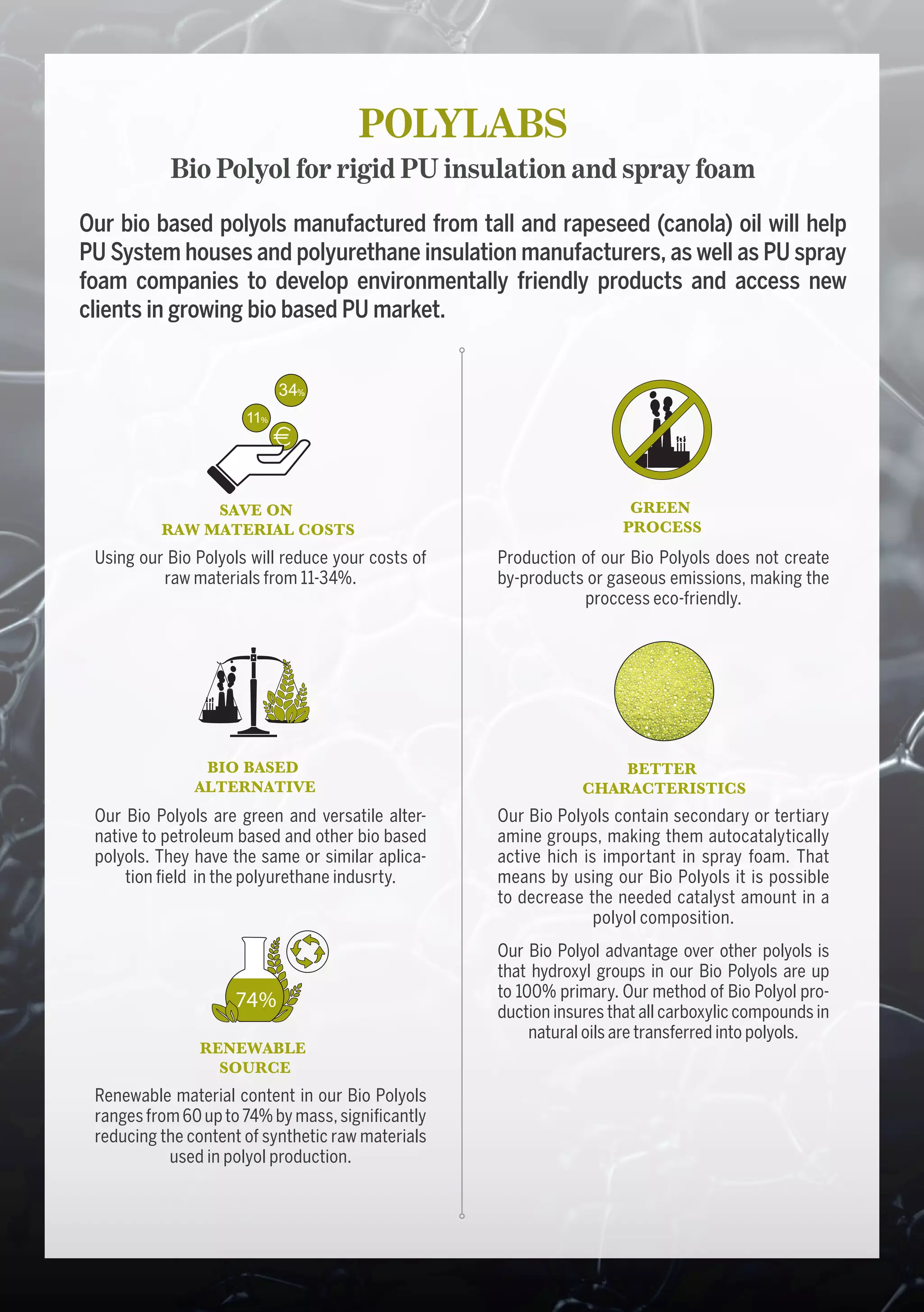POLYLABS
Bio Polyol for rigid PU insulation and spray foam
Our bio based polyols manufactured from tall and rapeseed (canola) oil will help
PU System houses and polyurethane insulation manufacturers, as well as PU spray
foam companies to develop environmentally friendly products and access new
clients in growing bio based PU market.
Using our Bio Polyols will reduce your costs of
raw materials from 11-34%.
Renewable material content in our Bio Polyols
ranges from 60 up to 74% by mass, significantly
reducing the content of synthetic raw materials
used in polyol production.
Our Bio Polyols are green and versatile alter-
native to petroleum based and other bio based
polyols. They have the same or similar aplica-
tion field in the polyurethane indusrty.
BIO BASED
ALTERNATIVE
RENEWABLE
SOURCE
SAVE ON
RAW MATERIAL COSTS
COMPETITIVE
PRICE
GREEN
PROCESS
BETTER
CHARACTERISTICS
74%
34%
11%
BIO BASED
ALTERNATIVE
RENEWABLE
SOURCE
SAVE ON
RAW MATERIAL COSTS
COMPETITIVE
PRICE
GREEN
PROCESS
BETTER
CHARACTERISTICS
74%
34%
11%
BIO BASED
ALTERNATIVE
RENEWABLE
SOURCE
SAVE ON
RAW MATERIAL COSTS
COMPETITIVE
PRICE
GREEN
PROCESS
BETTER
CHARACTERISTICS
74%
34%
11%
Production of our Bio Polyols does not create
by-products or gaseous emissions, making the
proccess eco-friendly.
Our Bio Polyols contain secondary or tertiary
amine groups, making them autocatalytically
active hich is important in spray foam. That
means by using our Bio Polyols it is possible
to decrease the needed catalyst amount in a
polyol composition.
Our Bio Polyol advantage over other polyols is
that hydroxyl groups in our Bio Polyols are up
to 100% primary. Our method of Bio Polyol pro-
duction insures that all carboxylic compounds in
natural oils are transferred into polyols.
BIO BASED
ALTERNATIVE
RENEWABLE
SOURCE
SAVE ON
RAW MATERIAL COSTS
COMPETITIVE
PRICE
GREEN
PROCESS
BETTER
CHARACTERISTICS
74%
34%
11%
BIO BASED
ALTERNATIVE
RENEWABLE
SOURCE
SAVE ON
RAW MATERIAL COSTS
COMPETITIVE
PRICE
GREEN
PROCESS
BETTER
CHARACTERISTICS
74%
34%
11%
 