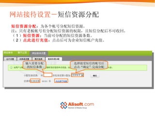 网站接待设置－ 短信资源分配 短信资源分配 ：为各个帐号分配短信资源。 注：只有老板帐号有分配短信资源的权限，且短信分配后不可收回。 （ 1 ） 短信资源 ：当前可分配的短信资源条数。 （ 2 ） 点此进行充值 ：点击后可为企业短信帐户充值。 输入需要分配的短信条数 选择接受短信的帐号后点击“确定”完成分配 
