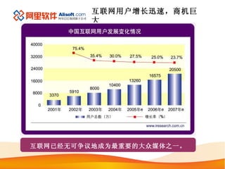 互联网用户增长迅速，商机巨大 互联网已经无可争议地成为最重要的大众媒体之一。 
