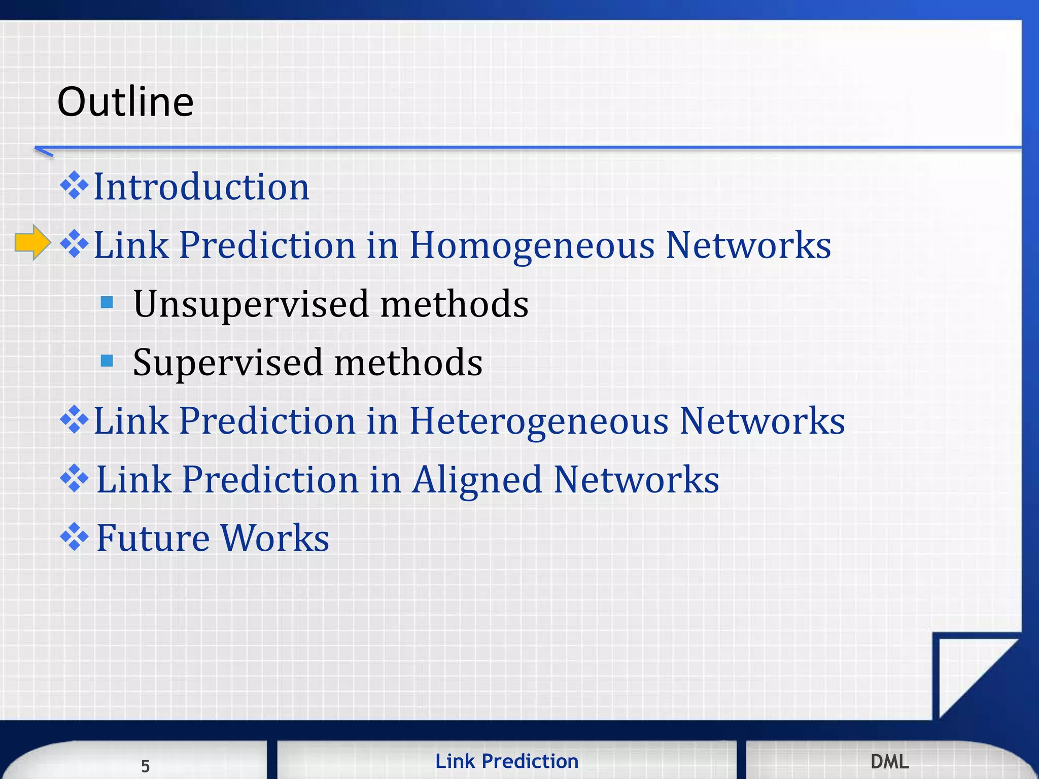 5 DMLLink Prediction DMLDMLLink Prediction5
Outline
Introduction
Link Prediction in Homogeneous Networks
 Unsupervised methods
 Supervised methods
Link Prediction in Heterogeneous Networks
Link Prediction in Aligned Networks
Future Works
 