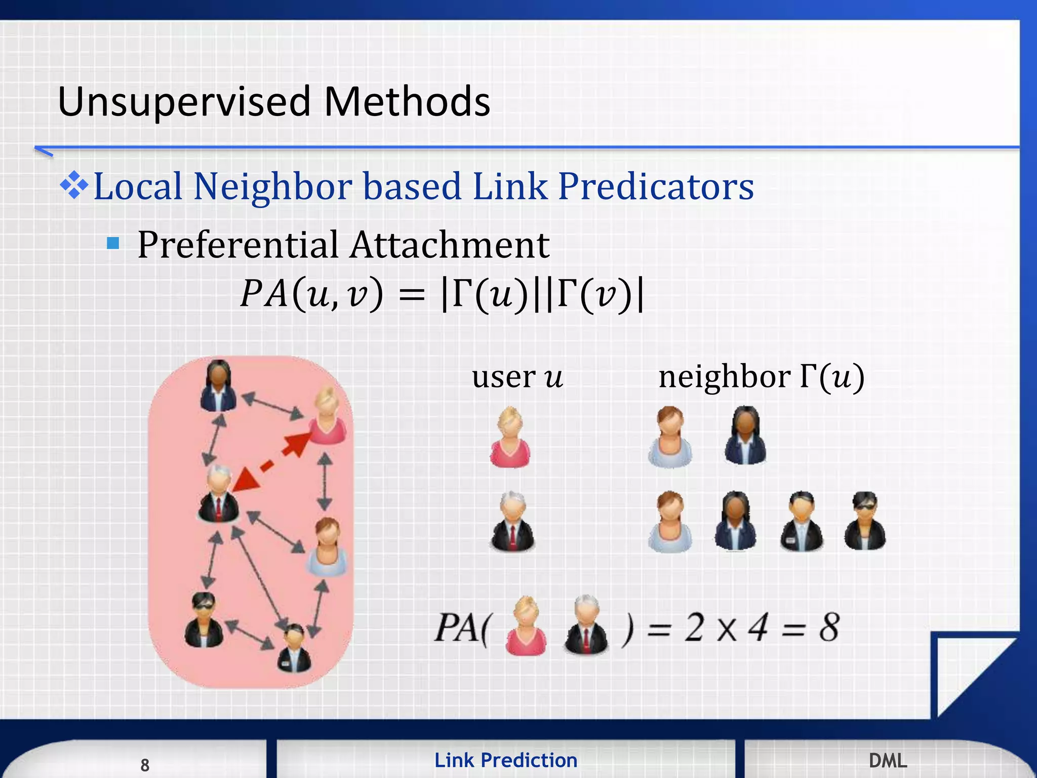 8 DMLLink Prediction DMLDMLLink Prediction8
Unsupervised Methods
Local Neighbor based Link Predicators
 Preferential Attachment
𝑃𝐴 𝑢, 𝑣 = Γ(𝑢) Γ(𝑣)
user 𝑢 neighbor Γ(𝑢)
 
