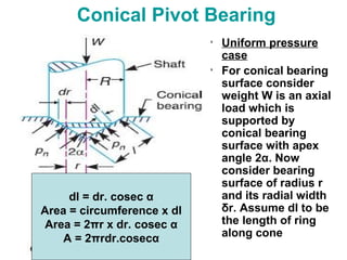 Conical Pivot Bearing
• Uniform pressure
case
• For conical bearing
surface consider
weight W is an axial
load which is
supported by
conical bearing
surface with apex
angle 2α. Now
consider bearing
surface of radius r
and its radial width
δr. Assume dl to be
the length of ring
along cone
dl = dr. cosec α
Area = circumference x dl
Area = 2πr x dr. cosec α
A = 2πrdr.cosecα
 
