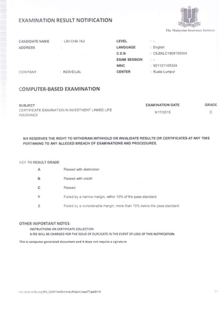 :
=
EXAMTNATIoN RESULT NoflFlcATloN
CANDIDATE NAM E : LllV CHIA HUI
ADDRESS
: COM PANY
=
: COMPUTER-BASED EXAMINATION
SUBJECT
CERTIFICATE EMI4|MT|ON lN INVESTIiIENT LINKED LIFE
INSURANCE
: INDMIDUAL
EXAM INATION DATE
911712015
GRADE
t.
Passed with distinction
Passed with credit
gMala)'sian Insurance
M II RESERVES THE RIGHT TO WTHDRAW,WITHHOLD OR INVALIDATE RESULTS OR CERTIFICATES AT ANY TIM E
PERTAINING TO ANY ALLEGED BREACH OF EXAM INATIONS AND PROCEDURES.
KEY TO RESULT GRADE
A
B
c
z
OTHER IMPORTANT NOTES:
INSTRUCTIONS ON CERTIFICATE COLTECTION
A FEE WILL BE CHARGED FOR THE ISSUE OF DUPLICATE IN THE EVENT OF LOSS OF THIS NOTIFICATION.
This is computer-generated document and it does n0t require a signature
Passed
Failed by a narrow margin, within 10% of the pass standard
Failed by a considerable margin, more than 10% below the pass standard
LEVEL : -
LANGUAGE : English
C.E,N : CILEKLC1809150004
EXAM SESSION : -
NRIC :921121'105324
CENTER : Kuala Lumpur
Itrstittrta
hdp/erns.1.ii4L.org/ly' ll OAS/TestsummarlReport.aspf./TlpelD=8
 