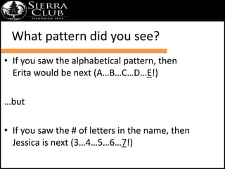 What pattern did you see? 
• If you saw the alphabetical pattern, then 
Erita would be next (A…B…C…D…E!) 
…but 
• If you s...