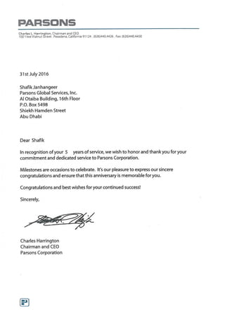 Employment letter 5 years recognition