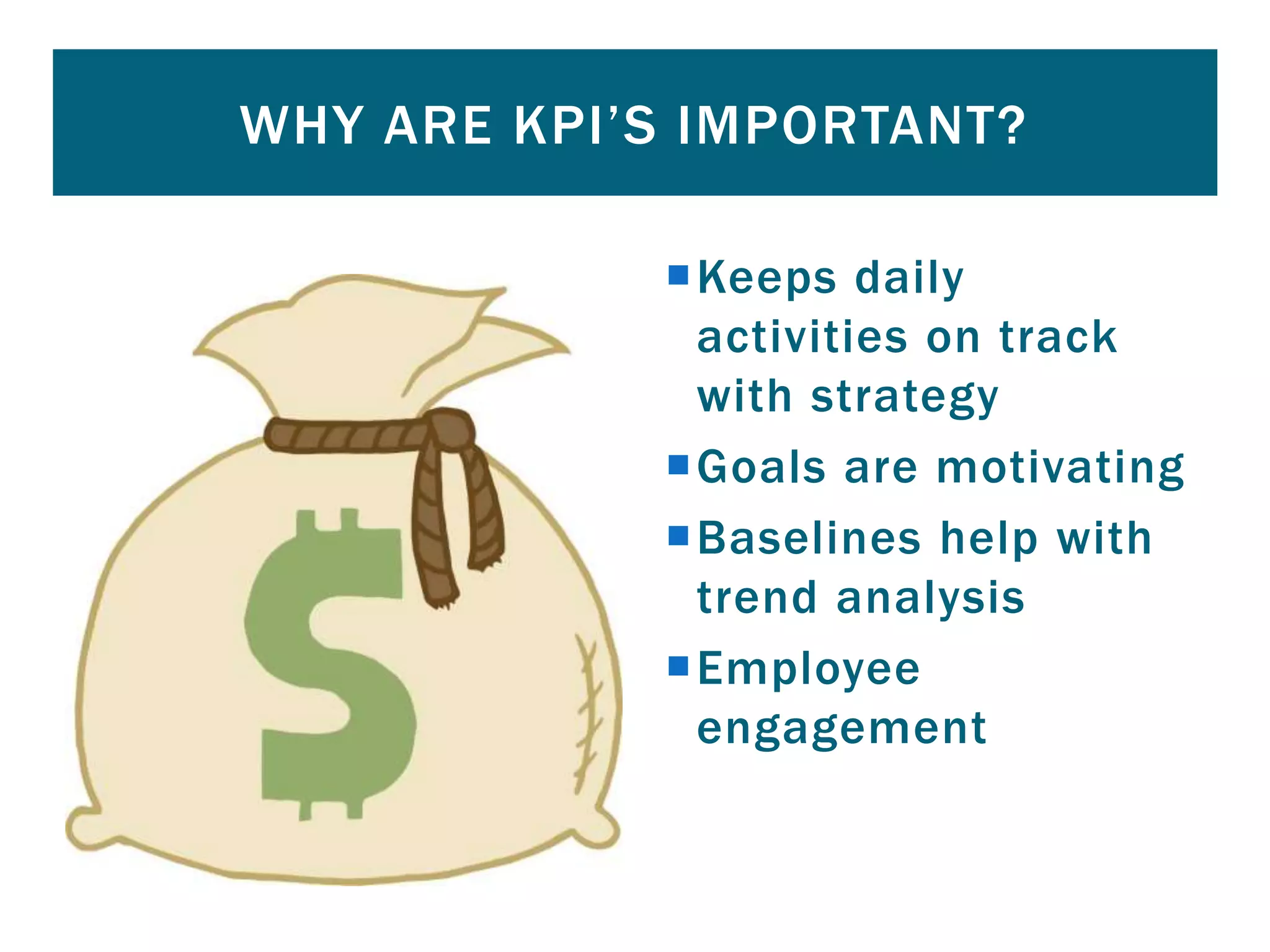 Keeps daily
activities on track
with strategy
Goals are motivating
Baselines help with
trend analysis
Employee
engagement
WHY ARE KPI’S IMPORTANT?
 