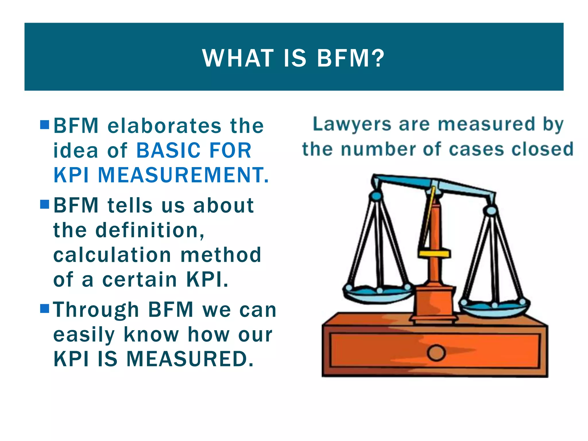 BFM elaborates the
idea of BASIC FOR
KPI MEASUREMENT.
BFM tells us about
the definition,
calculation method
of a certain KPI.
Through BFM we can
easily know how our
KPI IS MEASURED.
WHAT IS BFM?
 