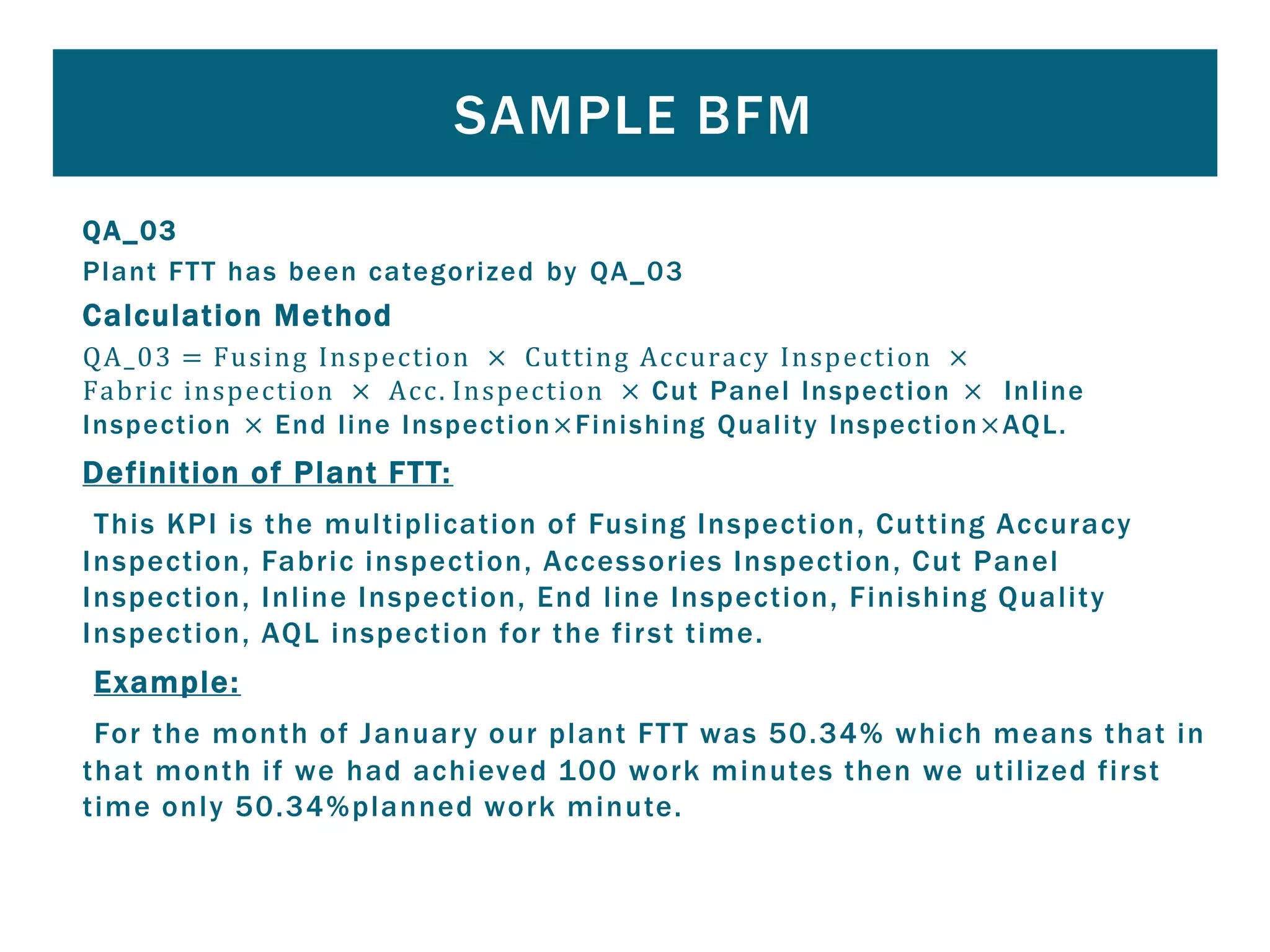 QA_03
Plant FTT has been categorized by QA_03
Calculation Method
QA_03 = Fusing Inspection × Cutting Accuracy Inspection ×
Fabric inspection × Acc. Inspection × Cut Panel Inspection × Inline
Inspection × End line Inspection×Finishing Quality Inspection×AQL.
Definition of Plant FTT:
This KPI is the multiplication of Fusing Inspection, Cutting Accuracy
Inspection, Fabric inspection, Accessories Inspection, Cut Panel
Inspection, Inline Inspection, End line Inspection, Finishing Quality
Inspection, AQL inspection for the first time.
Example:
For the month of January our plant FTT was 50.34% which means that in
that month if we had achieved 100 work minutes then we utilized first
time only 50.34%planned work minute.
SAMPLE BFM
 