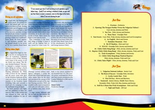 22 23
Origins Songs
Act One
1.	 Overture - Orchestra
2.	 Opening (The Paragon Panther Versus the Vulgarian Vulture) -
Cast, Jeremy, Jemima and Potts
3.	 You Two - Potts, Jeremy and Jemima
4.	 Them Three - Grandpa Potts
5.	 Toot Sweets - Cast, Potts, Truly, Jeremy, Jemima and Lord Scrumptious
6.	 Act English - Boris and Goran
7.	 Hushabye Mountain - Potts
8.	 Me Ol’ Bamboo - Potts and Cast
9.	 P.O.S.H - Grandpa Potts, Jeremy and Jemima
10.	 Chitty Chitty Bang Bang! - Potts, Jeremy, Jemima and Cast
11.	 Reprise: Chitty Chitty Bang Bang! - Potts, Jeremy, Jemima, Truly and Cast
12.	 Truly Scrumptious - Truly, Jemima and Jeremy
13.	 Chitty Chitty Bang Bang (Nautical Reprise) -
Potts, Jeremy, Jemima, Truly and Cast
14.	 Chitty Takes Flight! - Potts, Jeremy, Jemima, Truly and Cast
Act Two
1.	 Vulgarian National Anthem - Senior Cast
2.	 The Roses of Success - Grandpa Potts, Inventors
3.	 Lovely, Lonely Man - Truly
4.	 Chu Chi Face - Baron and Baroness
5.	 Teamwork - Junior Chorus, Middle Years Chorus,
Toymaker, Potts, Truly, Girl, Boy, Jemima and Jeremy
6.	 Doll On A Music Box/Truly Scrumptious - Potts and Truly
7.	 Fight and Finale - All Cast
Firing on all cylinders
In April 1961, Ian Fleming had
a heart attack. He smoked too
much, and played golf, and was
told to cut down on both. Resting
in the south-east of England city of
Canterbury, he turned back to one
of his favourite passions: writing.
He had already written 11 popular
novels about a hero he was now be-
ginning to think of as “cardboard”:
James Bond. He loved ingenui-
ty and inventors, possibly cast-
ing himself already in his novels
as “Q”. As a wartime Royal Naval
commander (Intelligence), he had
visited Bletchley Park, the home of
the code-cracking, computer-in-
venting Alan Turing and his team.
He also loved his son, Caspar, and
made up crazy stories about crazy
inventions, set in the rural coun-
tryside of Kent. These stories he
began to turn into his novel.
Near Canterbury is the beau-
tiful village of Bridge (I know it
well!) and the Higham Park es-
tate, owned by Count Louis Vo-
row Zborowski, who developed a
series of racing cars in the 1920s
(with noisy aircraft Zeppelin en-
gines) which became the inspira-
tion for Chitty Chitty Bang Bang,
the heroine car of Caspar’s father’s
narratives. The characters in the
stories came from Fleming’s time
at Eton, the roll of which includes
the names of two boys, Chitty Ma-
jor and Chitty Minor (sons of one
of the schoolmasters, the Rever-
end George Jameson Chitty).
Chitty takes flight
The original first flight by Chit-
ty saw the car soaring over the
spire of Canterbury Cathedral.
However, in June of 1961, Fleming
took Caspar to the movies, to see
the Disney new release “The Ab-
sent-Minded Professor”. The mov-
ie featured a crackpot inventor,
and a flying car circling a church
spire. Horrified at the similarities,
Fleming substituted the White
Cliffs of Dover for the cathedral,
and the picnic scene took place
on the Goodwin Sands just off the
coast near Dover. (I am an official
member of the Goodwin Sands
Potholing Club, and currently a
small part of a campaign to stop
the sandbanks being dredged).
The book similarly took flight,
and was published in three vol-
umes by 1965. A film version was
also released in 1968, with the
screenplay completed by one of
Fleming’s wartime military intel-
ligence colleagues, a certain Mr
Roald Dahl. Roald Dahl had some
rather darker ideas for the story,
and introduced the concept of the
Childcatcher, not part of the orig-
inal Fleming narrative. (Well, one
wouldn’t really want to traumatize
one’s only son with such a charac-
ter at bedtime story time, would
one?)
A stage version followed, and
the car built for this remains the
most expensive stage prop ever
built, (a fact almost emulated by
our beautiful Gen 11!). This musi-
cal version, nominated for Olivier
and Tony awards, premiered at the
London Palladium in 2002 and on
Broadway in 2005.
Simon Carter
Production Manager
“I can assure you that I will be firing on all cylinders again
before long ... [and] I am writing a children’s book, so you will
see that there is never a moment, even on the edge of the tomb,
when I am not slaving for you.”
 