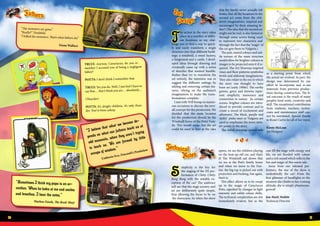 T
he action in the story takes
place in a number of differ-
ent locations so my chal-
lenge was to find a way to quick-
ly and easily transform a single
structure into four different build-
ings: a windmill, a sweet factory,
a fairground and a castle. I devel-
oped ideas through drawing and
eventually came up with a series
of sketches that seemed feasible.
Rather than try to transform the
set entirely, the intention was to
suggest the different settings by
adding and removing certain fea-
tures, relying on the audience’s
imaginations to make the trans-
formations complete.
I met with Will Kemp on numer-
ous occasions to discuss the over-
all concept for the production. We
decided that the main location
for the production should be the
Windmill home of the Potts’ Fam-
ily. This would mean that the set
could be used to hint at the idea
that the family never actually left
home, that all the locations in the
second act come from the chil-
dren’s imaginations, inspired and
encouraged by their amazing fa-
ther! (The idea that the second act
might not be real, is also hinted at
through some actors being used
to represent two characters and
through the fact that the ‘magic’ of
the car gets them to Vulgaria.)
The pale, muted colours and sub-
tle texture of the main structure
would allow for brighter colours or
images to be projected onto it if re-
quired. The Art Nouveau inspired
vines and floor patterns symbolise
fertile and elaborate imaginations.
They also relate to the era in which
the story was thought to have
been set (early 1900s). The earthy
greens, greys and browns repre-
sent simplicity, innocence and
connection to nature. In certain
scenes, brighter colours are intro-
duced to provide contrast and to
create a mood of excitement and
adventure. The black, purple and
‘sickly’ pinks seen in Vulgaria are
used to emphasise the more sinis-
ter points in the story.
The initial drawings served only
as a starting point from which
the actual set evolved. In part, the
design was determined by our
effort to incorporate and re-use
materials from previous produc-
tions during construction. The fi-
nal outcome is the result of many
people’s hard work, creativity and
skill. The exceptional contribution
from students, teachers, techni-
cians and maintenance staff can-
not be overstated. Special thanks
to Rosie Curtis for all of her input.
Kirsty McLean
Set Designer
Set
Design
S
implicity is the key for
the staging of the JIS per-
formance of Chitty Chitty
Bang Bang with the notable ex-
ception of the car! The audience
will see that the stage scenery and
set are deliberately quite simple,
thus allowing the focus to be on
the characters. So when the show
opens, we see the children playing
on the beat-up old car, and that’s
it! The Windmill sail shows that
we are at the Pott’s family home
and when we move to the Fun-
fair, the big top is picked out with
projection and bunting, but again,
that’s it.
This effect allows us to be swept
up in the magic of Caractacus
Potts, signified by changes in light
intensity and subtle colour shifts.
The technical complexities are not
immediately evident, but as the
cast fill the stage with energy and
life, we are flooded with colour
and a rich sound which reflects the
fun and magic of this warm tale.
Away from our talented per-
formers, the star of the show is
undoubtedly the car! From the
first glimmer of headlights to the
moment she climbs to her cruising
altitude, she is simply phantasma-
gorical!
Jon-Mark Nesbitt
Technical Director
Technical
Notes
1110
Fathers
“The monsters are gone.”
“Really?” Doubtful.
“I killed the monsters. That’s what fathers do.”
Fiona Wallace
TRULY: Anyway, Caractacus, do you re-
member I accused you of being a negligent
father?
POTTS: I don’t think I remember that.
TRULY: Yes you do. Well, I just feel I have to
say that… that I think you are… absolutely…
(Thunder)
POTTS: It’s alright children, it’s only thun-
der. You’ve been asleep.
“I believe that what we become de-
pends on what our fathers teach us at
odd moments, when they aren’t trying
to teach us. We are formed by little
scraps of wisdom.”
Umberto Eco, Foucault’s Pendulum
“Sometimes I think my papa is an ac-
cordion. When he looks at me and smiles
and breathes, I hear the notes.”
Markus Zusak, The Book Thief
 