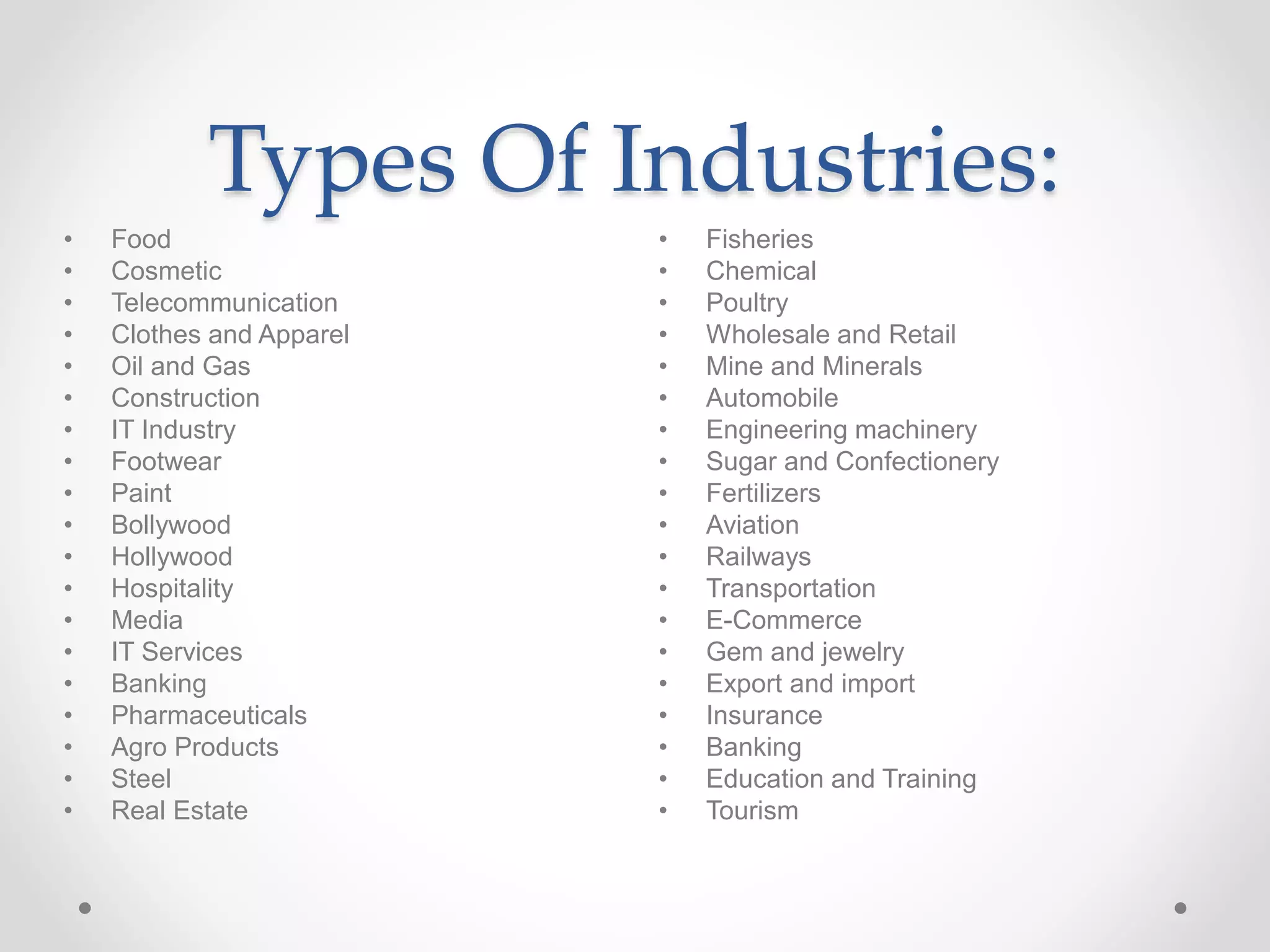 Types Of Industries:
• Fisheries
• Chemical
• Poultry
• Wholesale and Retail
• Mine and Minerals
• Automobile
• Engineering machinery
• Sugar and Confectionery
• Fertilizers
• Aviation
• Railways
• Transportation
• E-Commerce
• Gem and jewelry
• Export and import
• Insurance
• Banking
• Education and Training
• Tourism
• Food
• Cosmetic
• Telecommunication
• Clothes and Apparel
• Oil and Gas
• Construction
• IT Industry
• Footwear
• Paint
• Bollywood
• Hollywood
• Hospitality
• Media
• IT Services
• Banking
• Pharmaceuticals
• Agro Products
• Steel
• Real Estate
 