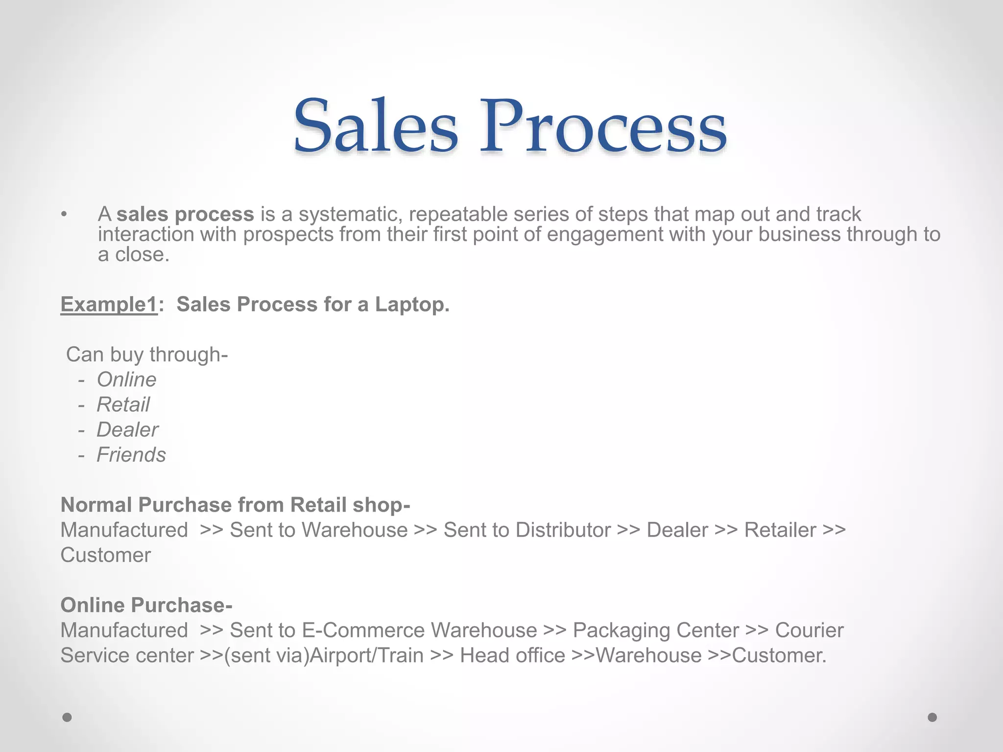 Sales Process
• A sales process is a systematic, repeatable series of steps that map out and track
interaction with prospects from their first point of engagement with your business through to
a close.
Example1: Sales Process for a Laptop.
Can buy through-
- Online
- Retail
- Dealer
- Friends
Normal Purchase from Retail shop-
Manufactured >> Sent to Warehouse >> Sent to Distributor >> Dealer >> Retailer >>
Customer
Online Purchase-
Manufactured >> Sent to E-Commerce Warehouse >> Packaging Center >> Courier
Service center >>(sent via)Airport/Train >> Head office >>Warehouse >>Customer.
 